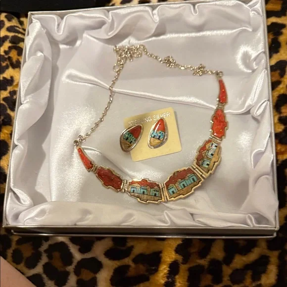Santa Fe Style Red Coral Multi Gemstone Necklace Sterling 18’ and Earrings - Picture 6 of 7